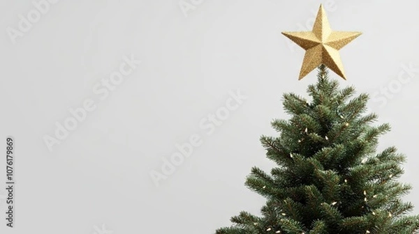 Fototapeta Christmas tree adorned with a star, displayed against a clean background, perfect for holiday-themed designs and celebrations, with ample copy space for text.