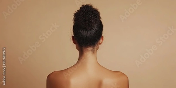 Obraz A woman showcasing her bare back wears red lipstick, emphasizing a focus on skincare and beauty. This combination highlights her style and skincare routine.
