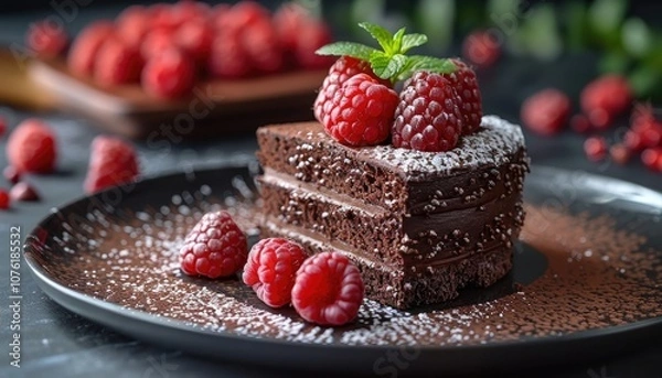 Fototapeta A Slice of Chocolate Cake with Raspberries and Mint on a Black Plate