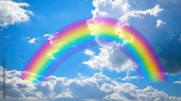 Fototapeta Rainbow represents hope in the context of a global pandemic, embodying a creative imagination concept. The vibrant rainbow and clouds against the blue sky provide ample copy space.