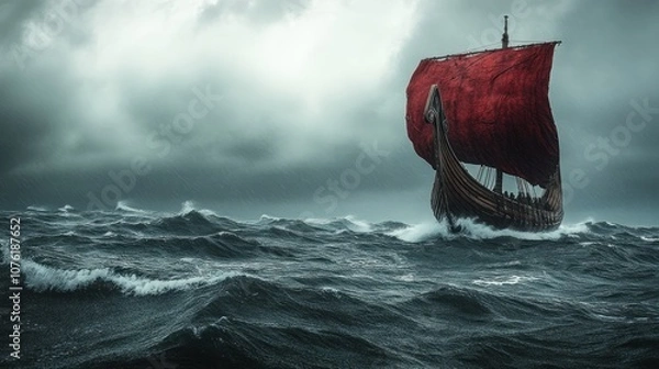 Fototapeta Viking Ship Sailing Through Stormy Seas