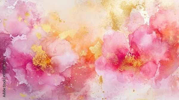 Fototapeta Abstract watercolor background of flowers in soft pink and gold hues. This abstract flower design offers a serene aesthetic with ample copy space for various uses.