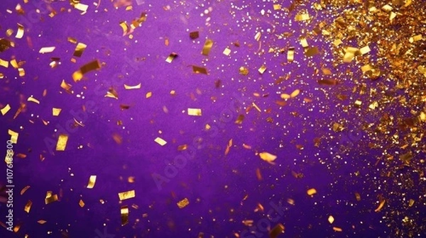 Fototapeta Golden confetti cascades over a vibrant purple background, creating a festive atmosphere filled with golden confetti. Perfect for a celebratory theme with ample copy space.