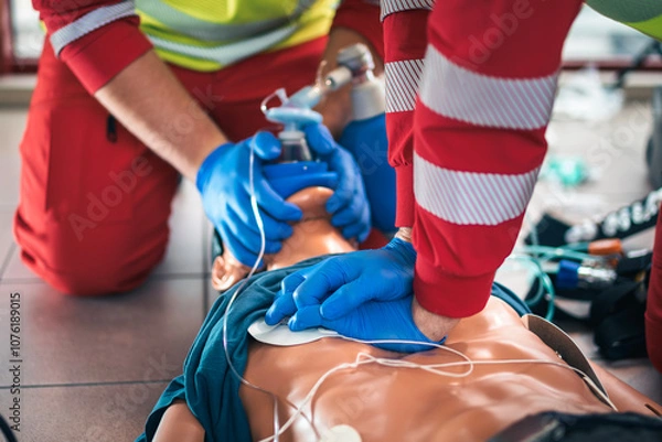 Fototapeta Hands of paramedic and doctor during resuscitation. Team of emergency medical service during CPR training on dummy. Themes rescue, urgency and health care.