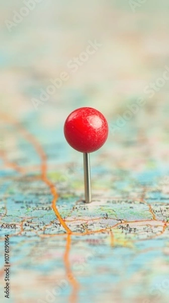 Fototapeta A red location pin highlights a designated area on a detailed map indicating various geographical features and routes