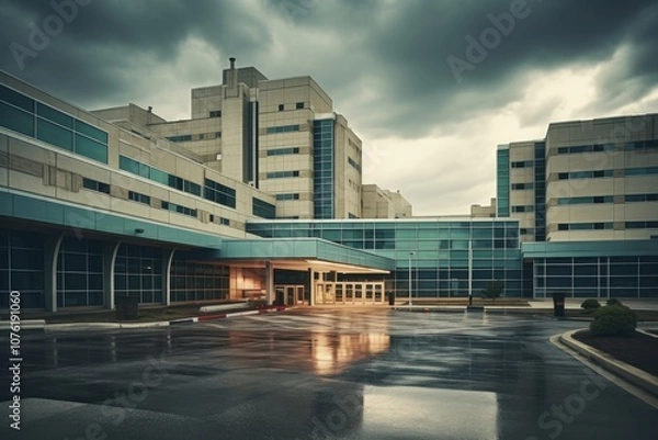 Obraz A large hospital building with a large parking lot