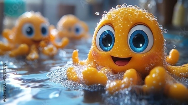 Fototapeta Cute cartoon octopuses swimming joyfully in a bubbly environment.
