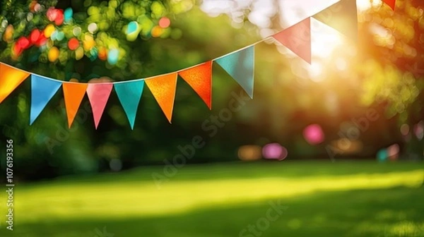 Fototapeta Colorful party flags flutter in a sunny garden, creating a festive atmosphere for gatherings.
