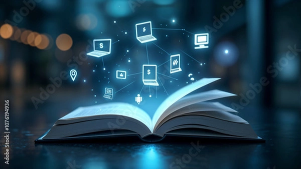 Fototapeta Open book with various computer, money icons in the form of holograms above the open book on a blurred futuristic background.