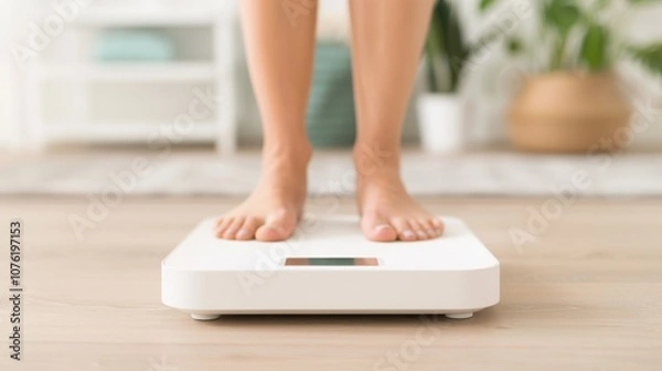 Fototapeta Close-up of bare feet on a digital scale, symbolizing health, weight management, and wellness in a home environment.
