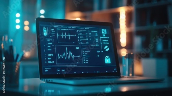 Obraz Close-up of a laptop displaying a medical data interface with health statistics and cyber protection icons, set in a modern workspace with a secure data overlay and detailed information visuals.