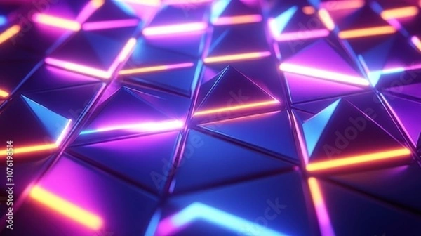 Fototapeta Vibrant abstract design featuring glowing pyramid shapes in purple and blue hues.