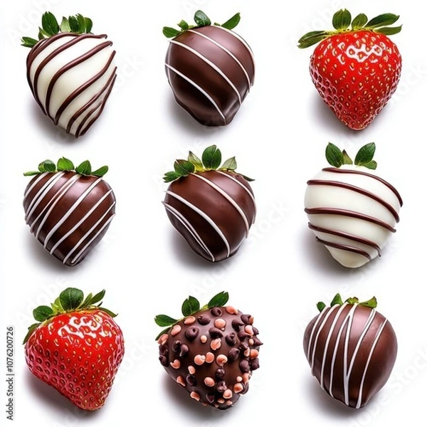 Fototapeta A photostock of chocolate-dipped strawberries with a glossy finish, ideal for romantic or dessert themes, isolated on transparent PNG background, High Quality