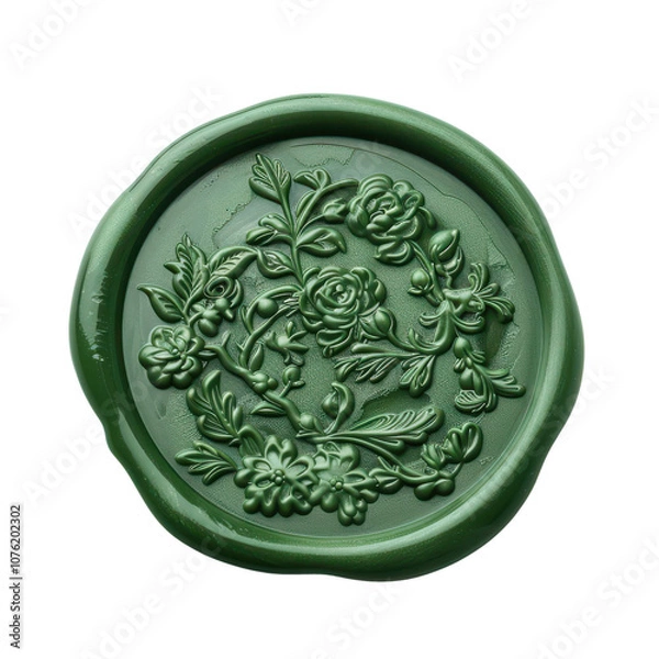 Fototapeta A green wax seal adorned with a detailed floral embossing, showcasing elegant roses and foliage in a decorative circular arrangement.