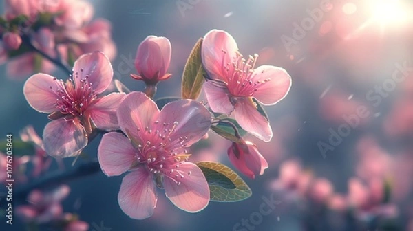 Fototapeta blossom in spring,close up of pink flower cherry blossom tree with warm soft sun light