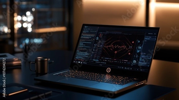 Fototapeta Close-up of a laptop screen on a modern dark desk setup, displaying an advanced digital health database with secure data lock icons, detailed health metrics, and analysis charts in a workspace.
