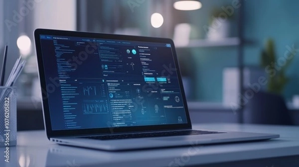 Obraz High-resolution laptop on a modern desk displaying secure medical data interface with patient health metrics, visualized graphs, and data security icons for encryption, in a contemporary workspace.
