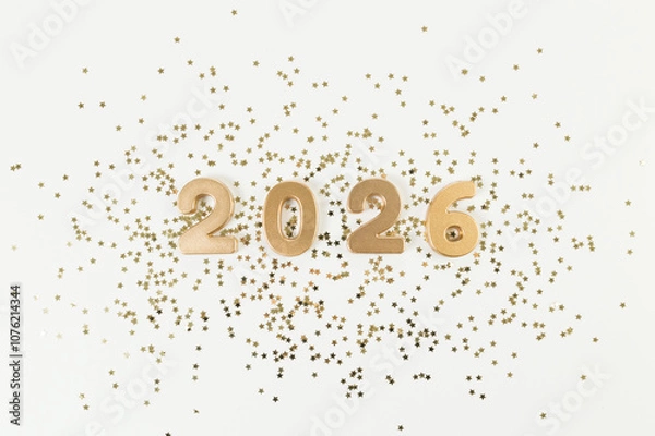 Fototapeta 2026 Happy New Year. Top view of gold numbers, gold stars confetti on white background. Copy space, flat lay.