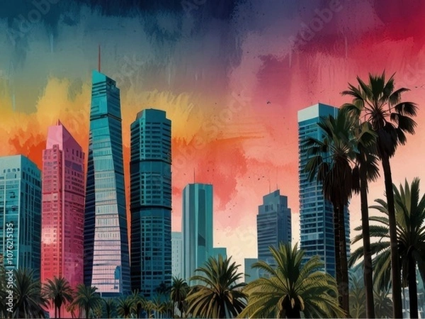 Fototapeta Pop Art Skyline with Palm Trees in Watercolor