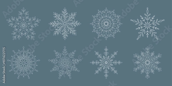 Fototapeta Set of Snowflakes isolated on background. Merry Christmas and Happy New Year icon collection. Hand draw vector elements. Fairytale snowflakes in line art style. Snowflake one single stroke line