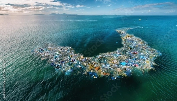 Fototapeta Aerial View of the Great Pacific Garbage Patch. Massive Spread of Plastic Waste and Debris in the Ocean Highlighting the Urgent Environmental Crisis of Pollution and Impact on Marine Life Ecosystem