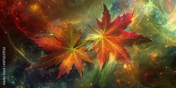 Fototapeta Artistic representation of maple leaves featuring a design inspired by the cosmos, showcasing a blend of nature and cosmic elements in a striking visual.