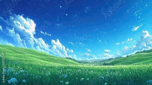 Fototapeta Vibrant green field under a bright blue summer sky creates a maximalist landscape, enhanced by glowing stars and dynamic motion light, ideal for high-quality imagery with copy space.