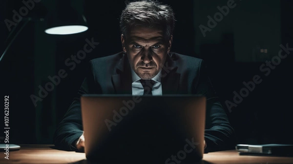 Fototapeta Boss is very strict. Image shows a businessman using laptop, seated at office desk. The image signifies business concept, human emotions, facial expressions, determination, and focus.