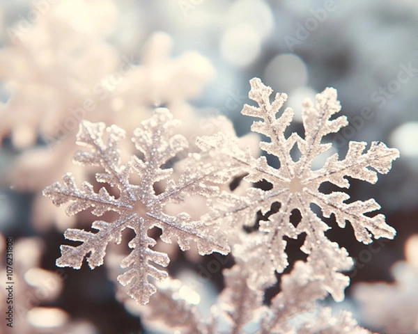 Fototapeta Christmas background of many layers of snowflakes of different shapes, sizes