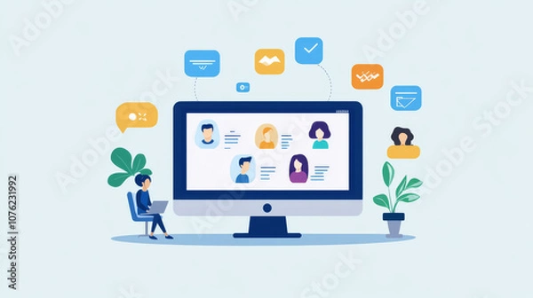 Fototapeta Employees from a small business working remotely, communicating through messaging platforms and using project management tools to stay connected