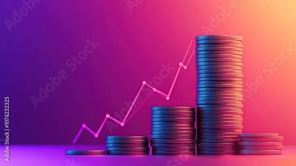 Fototapeta Illustration of stacked coins with an increasing graph on gradient color background