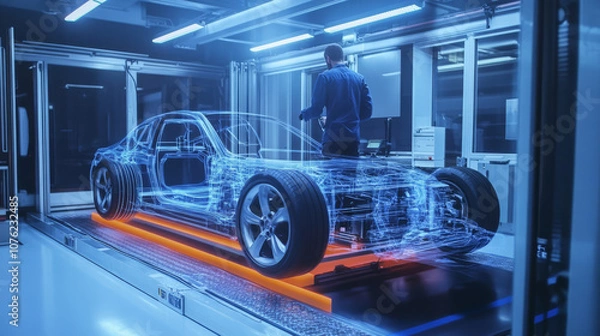 Fototapeta Engineers testing hydrogen vehicles in a research facility, optimizing performance and fuel efficiency