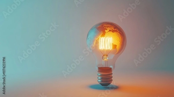 Fototapeta A 3D image shows a glowing light bulb against a white background. The bulb is shaped like the Earth.