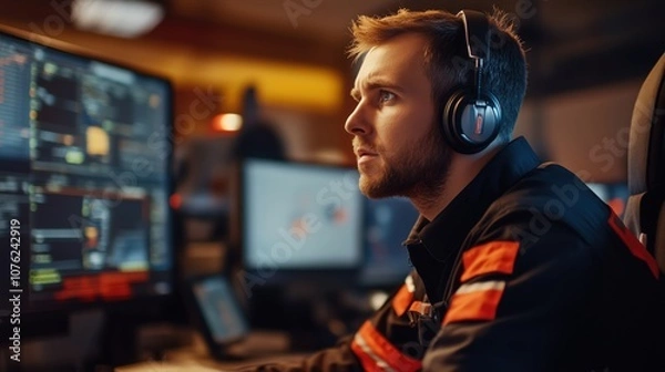 Obraz A firefighter in a command center, coordinating emergency response efforts with colleagues on a large incident.