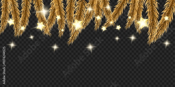 Obraz Template for design. Realistic effect. Glow. Christmas branch with Christmas tree decorations and garlands on a transparent background. Sparkling. 3d. Pine ornament. Shine. Cut out. Postcards. Banner