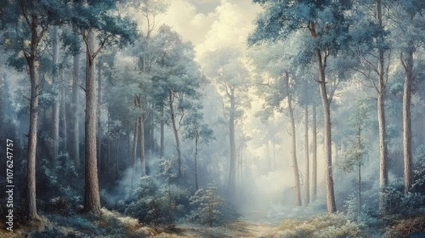 Fototapeta A serene forest path winds through a misty woodland, the sunlight filtering through the tall trees creating a magical atmosphere.