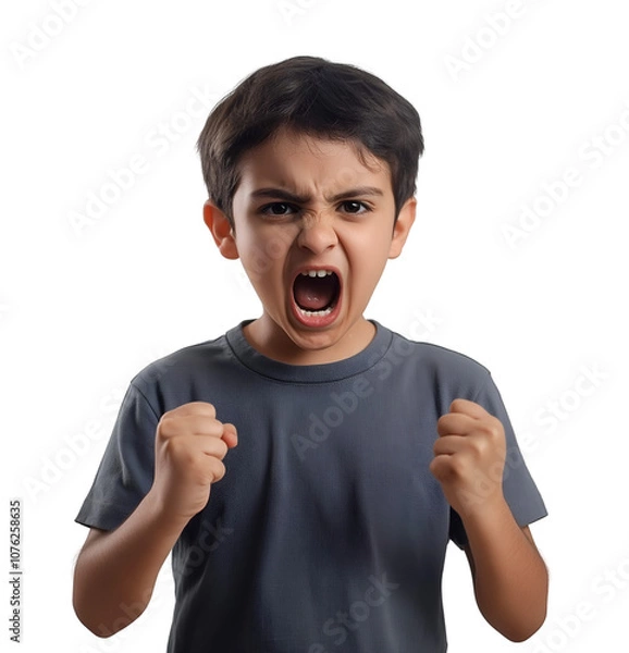 Fototapeta Young boy with furious expression yelling and clenching fists in anger, wearing grey t-shirt, isolated on transparent background, png