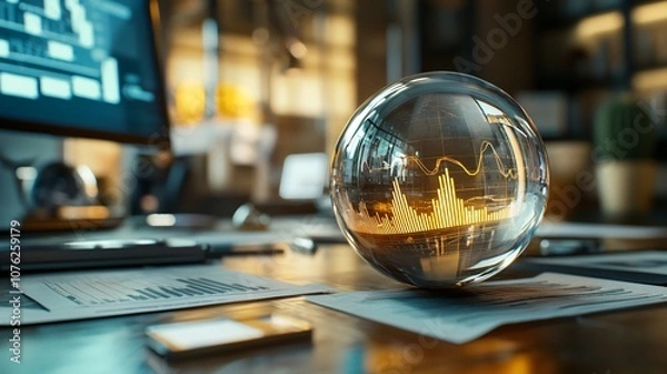 Fototapeta Explore the mystique of a weathered crystal ball displaying financial trends in an elegant office setting