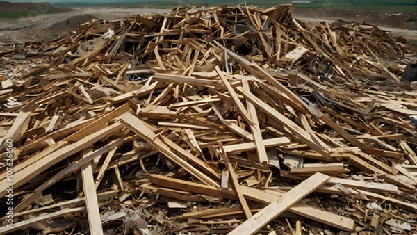 Fototapeta Broken wood frames in landfill: environmental impacts and discarded building materials generative ai