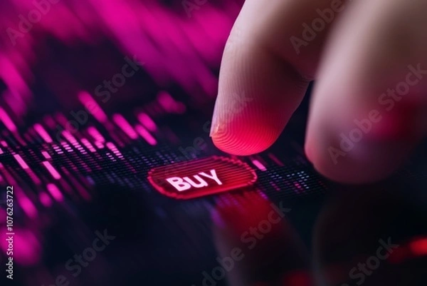 Fototapeta A conceptual illustration depicting a hand pressing a "Buy" button on a digital trading platform, with glowing charts and the symbols of Bitcoin and Ethereum in the background.