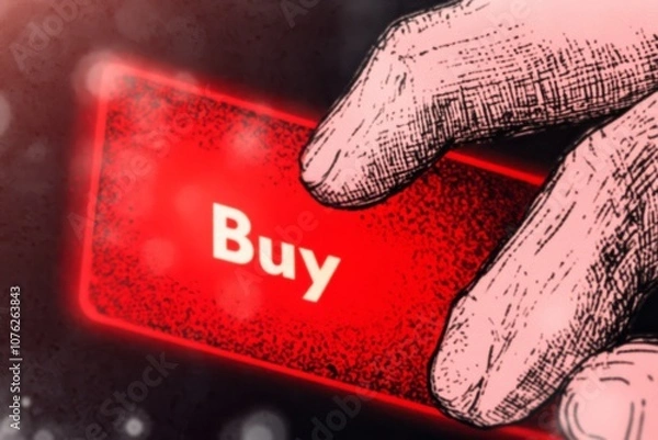 Fototapeta Conceptual illustration of a hand pressing a Buy button on a digital trading platform with glowing charts and Bitcoin Ethereum symbols in the background.