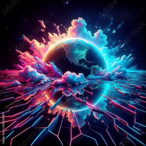 Fototapeta Earth Background, Colorful Landscape with Neon Lights, Bright and Tranquil Nature, for Home Decor, YouTube Thumbnail, Design, Music Cover Art, 4K Wallpaper