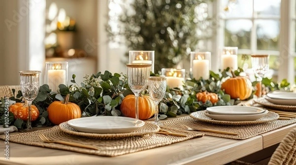 Fototapeta  Elegant Thanksgiving table setting with pumpkins, greenery, and candles, capturing cozy, festive ambiance perfect for autumn gatherings and holiday celebrations.