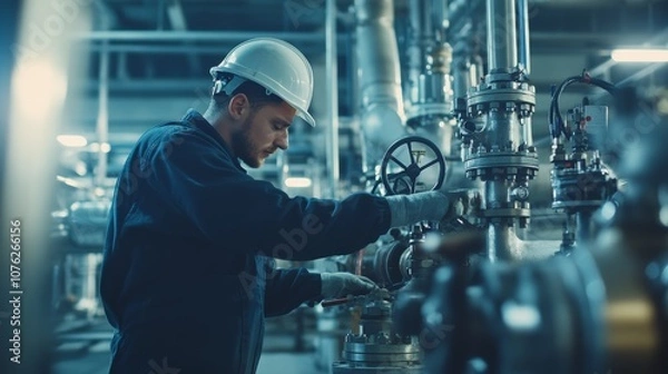 Fototapeta A factory worker repairing a gas valve, with gas equipment and pipes in the background, showcasing the complexities of industrial gas systems