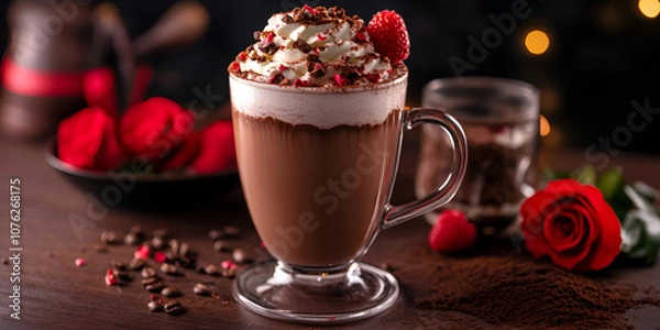Obraz Raspberry Hot Chocolate with Whipped Cream and Roses