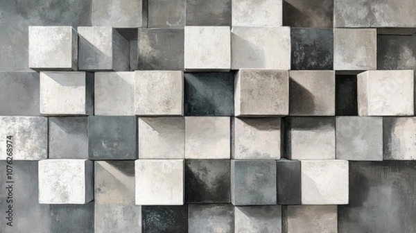 Fototapeta A 3D wallpaper design featuring minimalist stacked cubes in varying shades of gray and white .