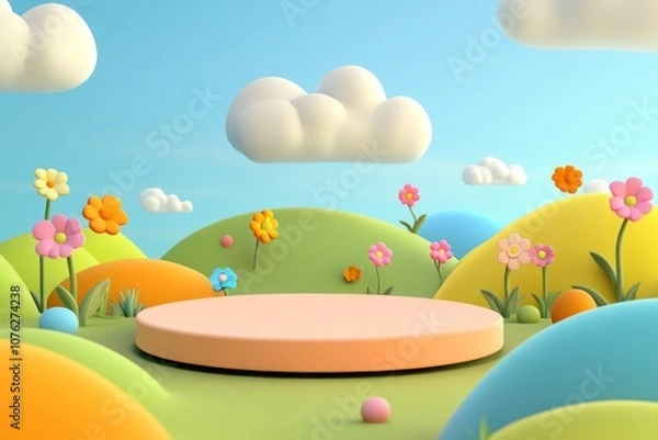Obraz  cute stage design with a podium, landscape with clouds and sky, pastel colors, cartoon style, children's product display stand. 