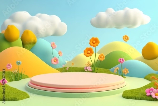 Obraz  cute stage design with a podium, landscape with clouds and sky, pastel colors, cartoon style, children's product display stand. 
