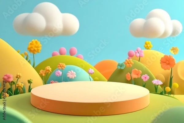 Obraz  cute stage design with a podium, landscape with clouds and sky, pastel colors, cartoon style, children's product display stand. 