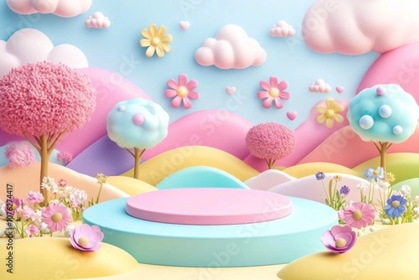 Obraz  cute stage design with a podium, landscape with clouds and sky, pastel colors, cartoon style, children's product display stand. 